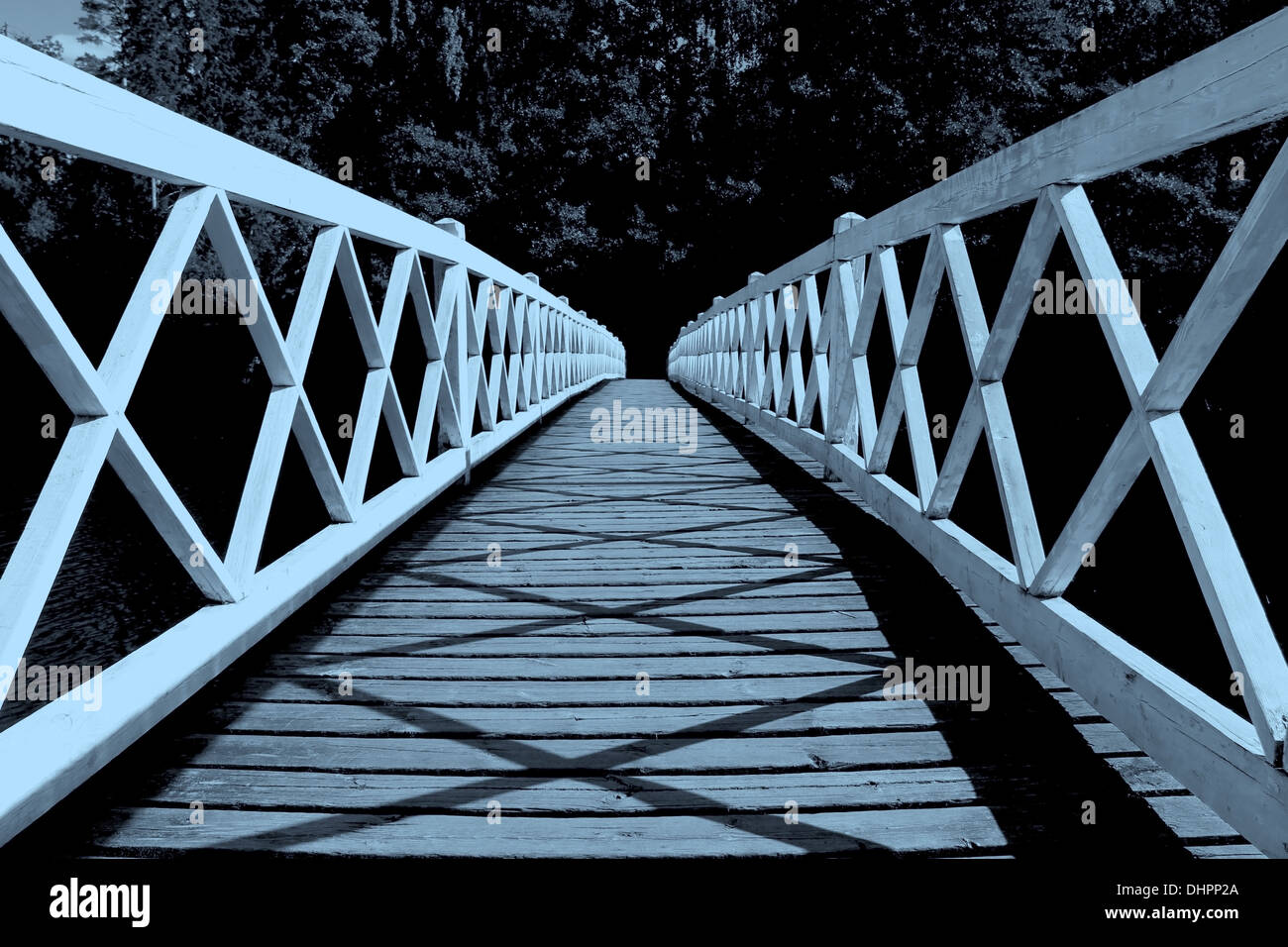 White wooden bridge leading to mystery forest in moonlight. Stock Photo