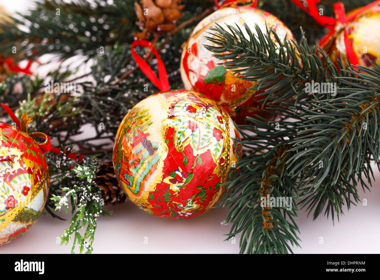Christmas balls with fir tree branch isolated on white background Stock ...