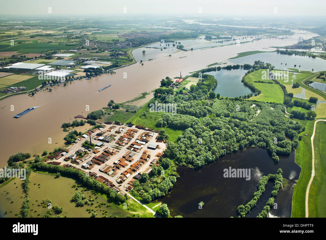 Netherlands, Beuningen. Waal river. Flood plains. Flooded land. Aerial Stock Photo