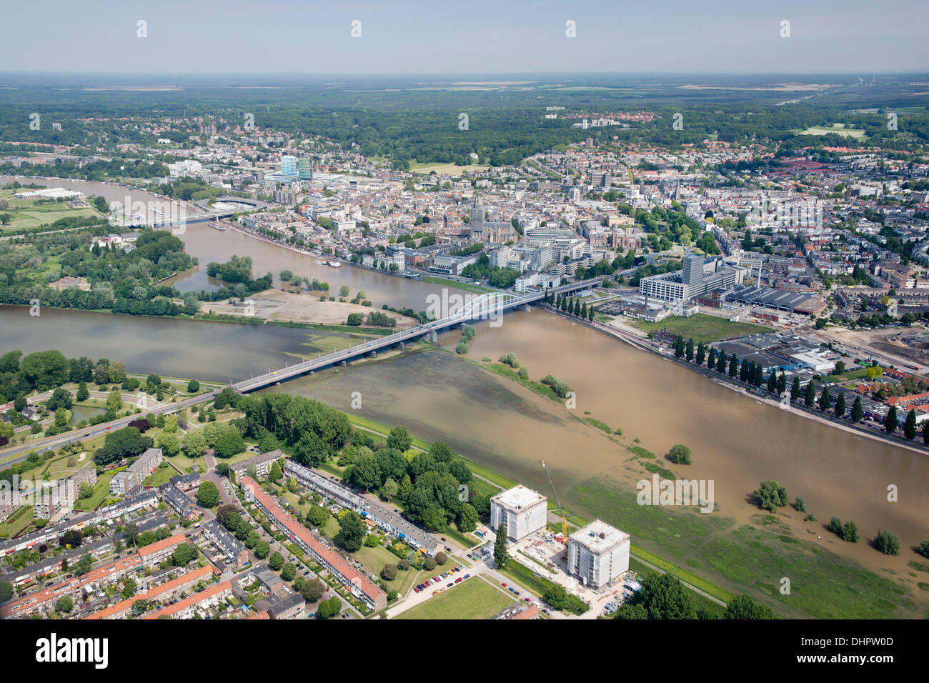 Netherlands, Arnhem, City center. Nederrijn river. Aerial Stock Photo