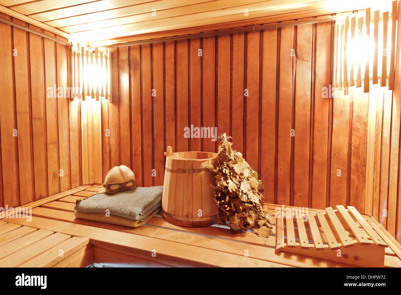 Interior of wooden russian sauna Stock Photo Alamy