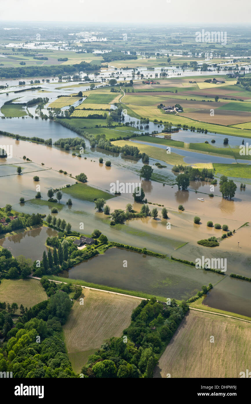 Netherlands, Voorst. IJssel river. Flood plains. Flooded land. Small yacht. Aerial Stock Photo