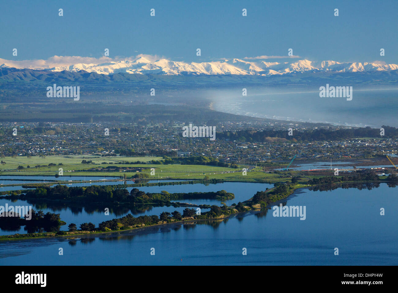 Estuary of the Heathcote and Avon Rivers, Christchurch, and the Southern Alps, Canterbury, South Island, New Zealand Stock Photo