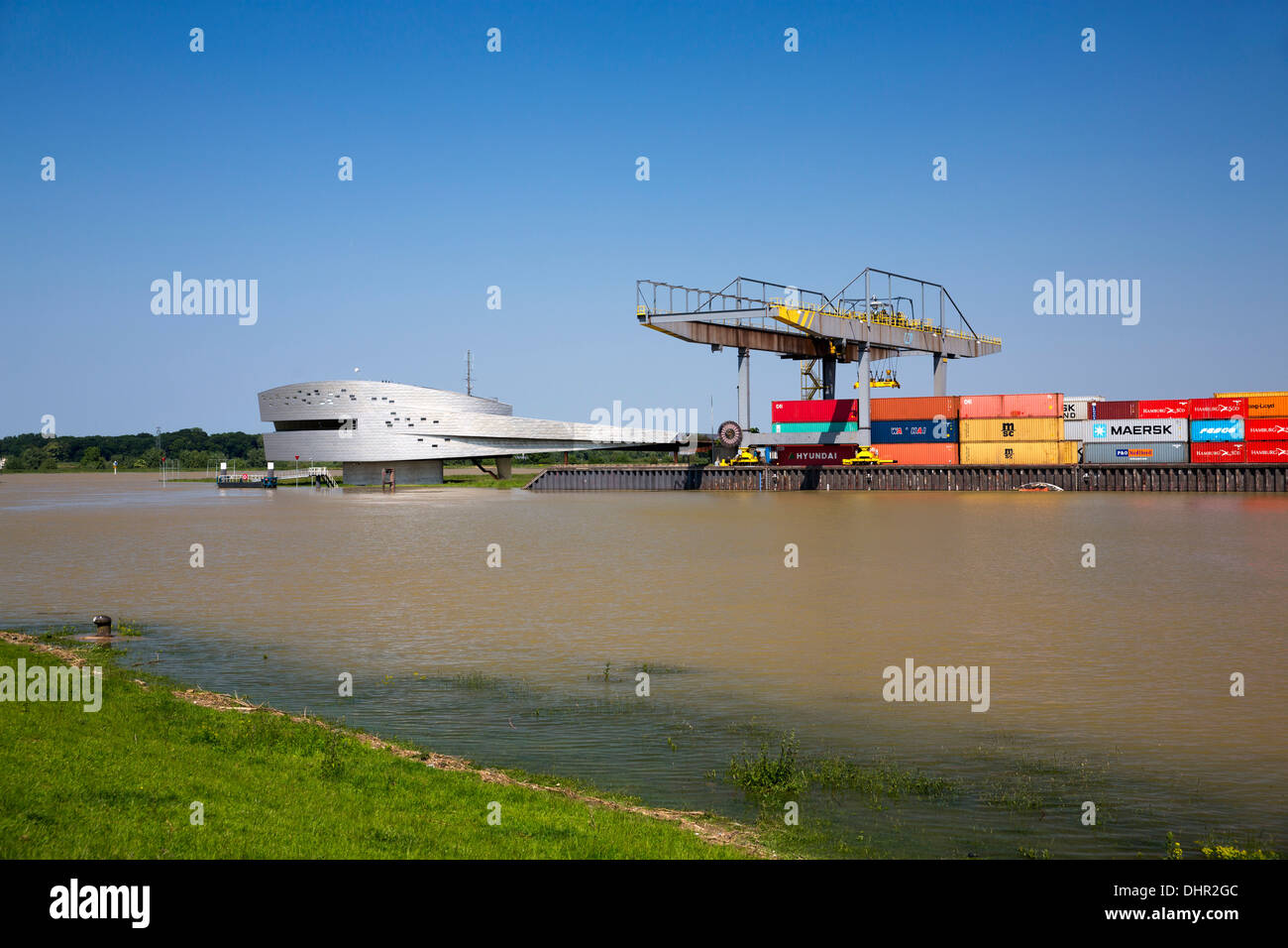 Netherlands, Nijmegen, Port of Nijmegen. Waal river. Container harbor and port building Stock Photo