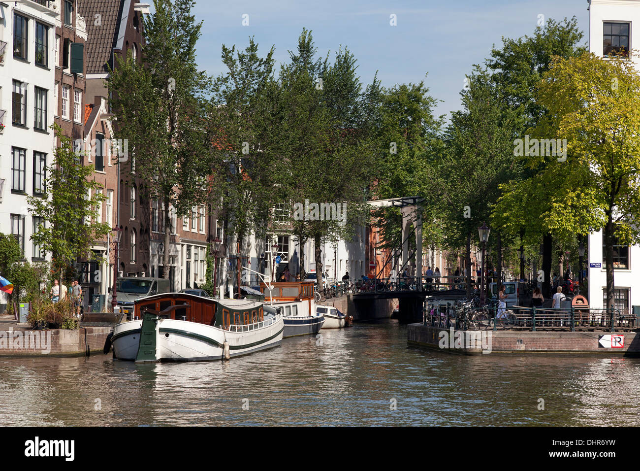 Small canal and drawbridge in Amsterdam Stock Photo