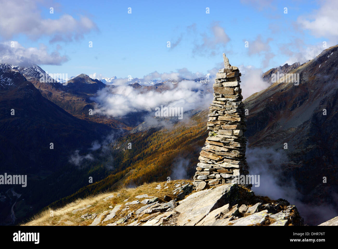 Summit cairn on Seehorn, Simplon, Zwischbergental, Wallis, Switzerland Stock Photo
