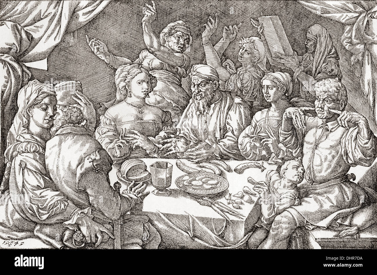 Coarse behaviour at the dining table during the Renaissance period.  After a Spanish copper engraving from 1545. Stock Photo