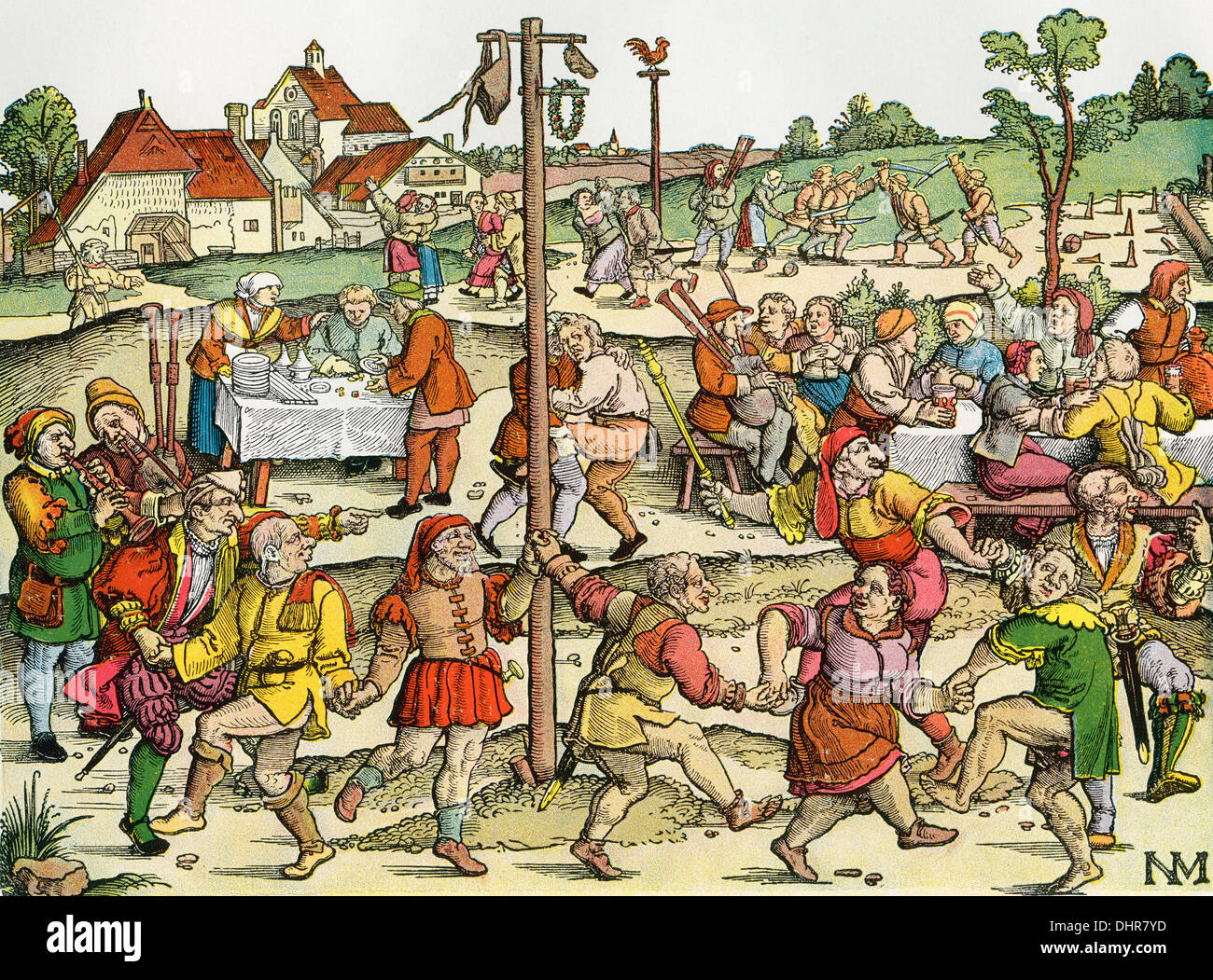 The Nose Dance, after a 16th century woodcut by Nikolaus Meldemann.  A rural German dance festival from the middle ages. Stock Photo