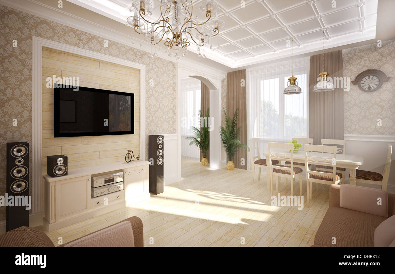 Classical interior of living room & dining Stock Photo - Alamy