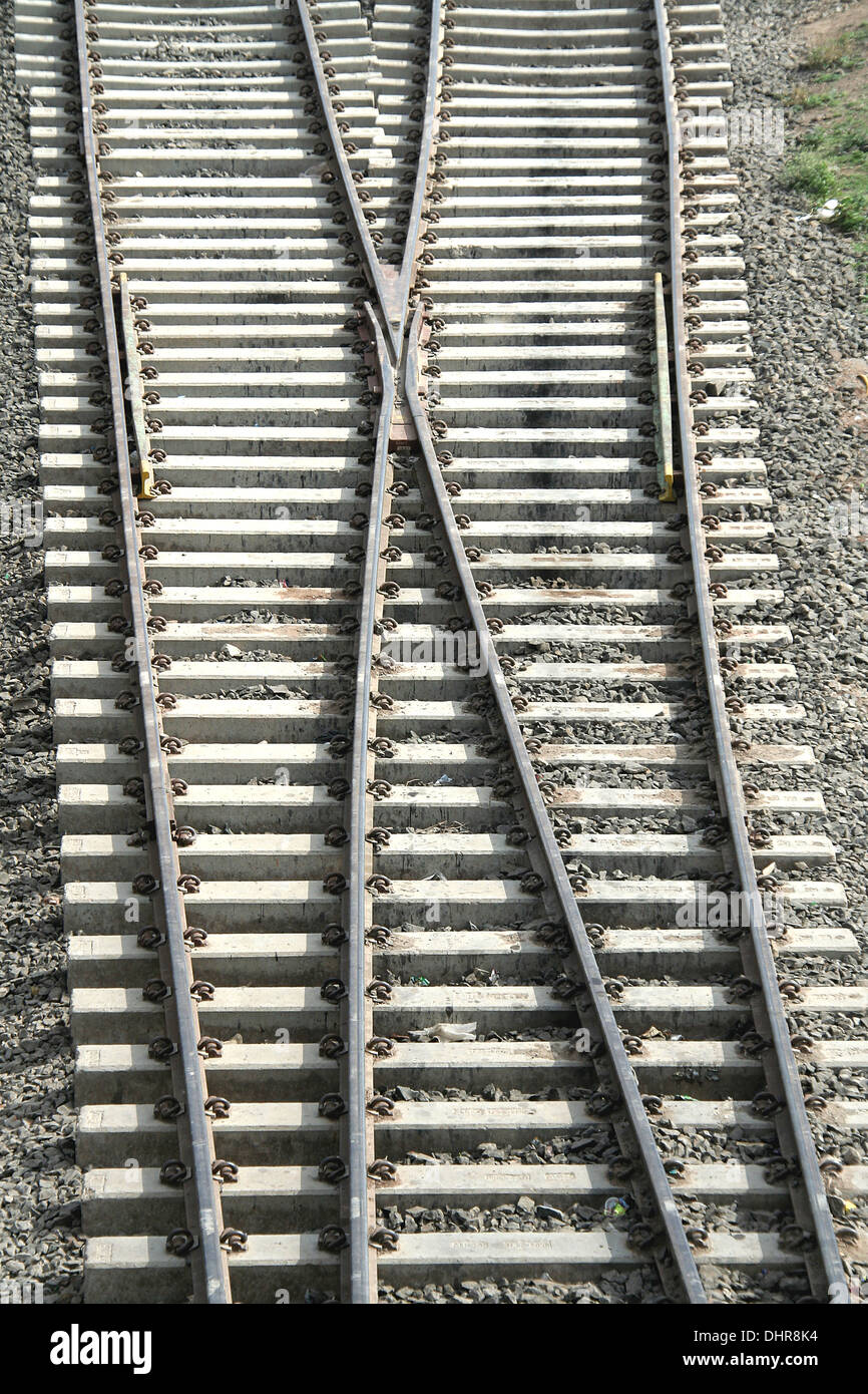 Details of track diversion point in railway line Stock Photo