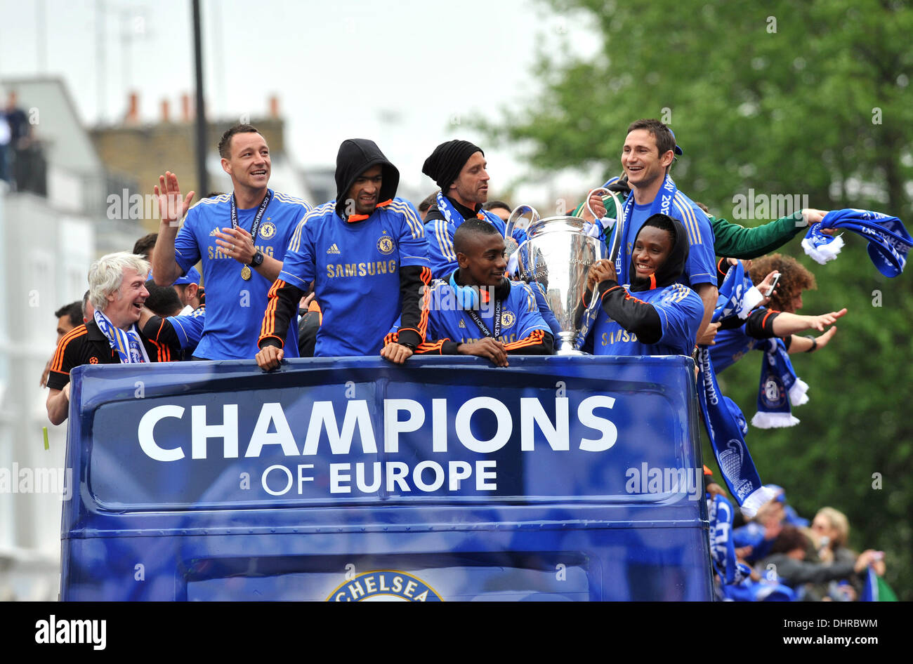 John Terry, Jose Bosingwa, Raul Miereles, Salomon Kalou, Frank Lampard and John Obi-Mikel Chelsea FC European Champions League victory parade - The European Champions League Trophy is displayed from an open top bus by players as they travel along King's Road London, England - 20.05.12 Stock Photo