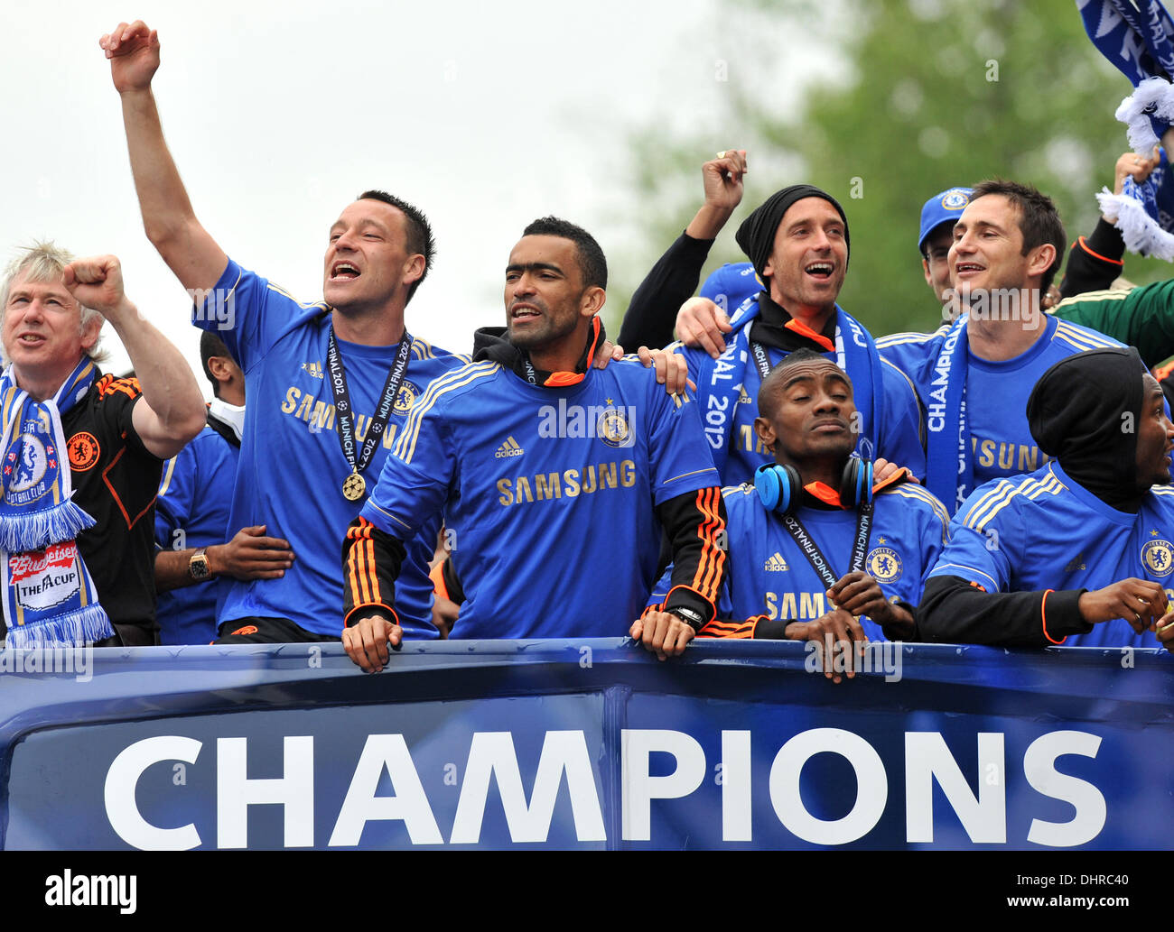 John Terry, Jose Bosingwa, Raul Miereles, Salomon Kalou, Frank Lampard and John Obi-Mikel Chelsea FC European Champions League victory parade - The European Champions League Trophy is displayed from an open top bus by players as they travel along King's Road London, England - 20.05.12 Stock Photo