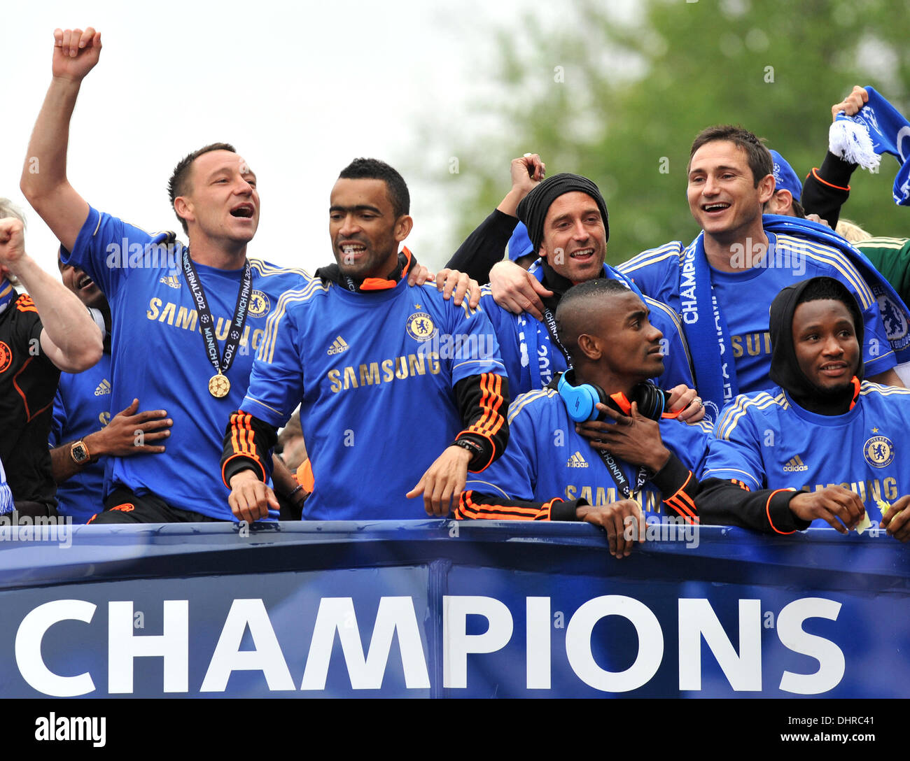 John Terry, Jose Bosingwa, Raul Miereles, Salomon Kalou, Frank Lampard and  John Obi-Mikel Chelsea FC European Champions League victory parade - The  European Champions League Trophy is displayed from an open top