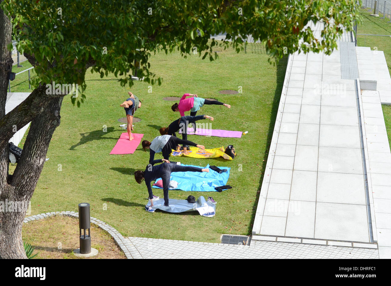 A teacher and four students doing yoga in a park. Stock Photo