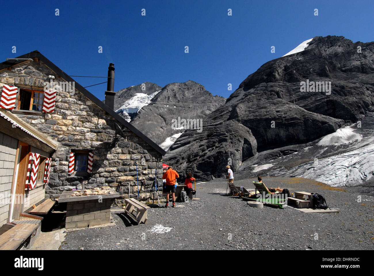 Swiss Alpine Club mountain hut Fruendenhuette, Kandersteg, Bernese alps, Switzerland Stock Photo