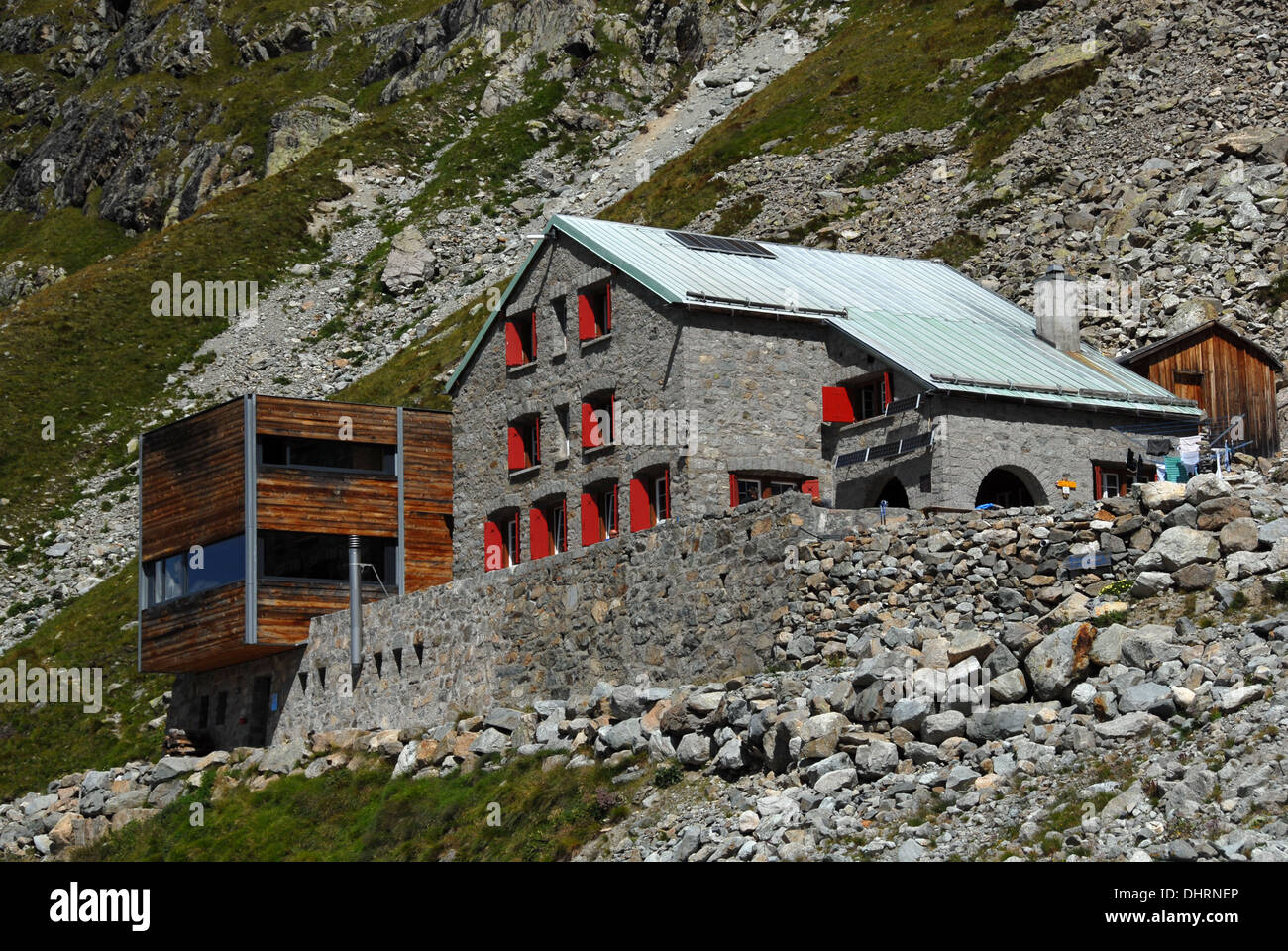 Tschierva Mountain hut, Val Roseg, Engadin, Switzerland Stock Photo