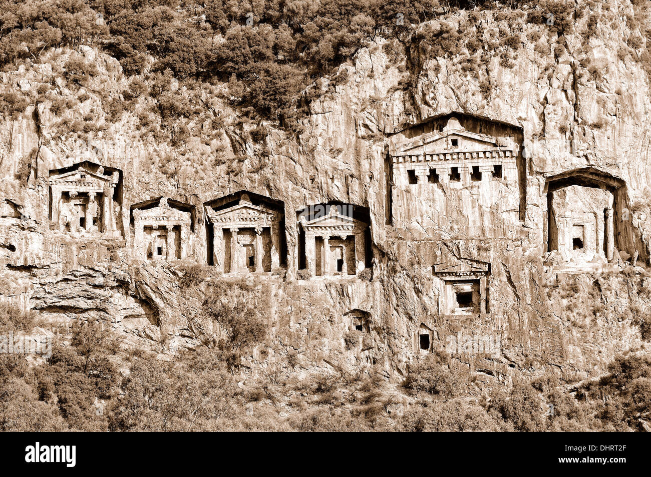 Lycian Rock Tombs Dalyan Turkey sepia Stock Photo