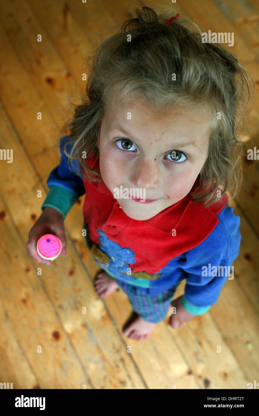 small child with bubble blower Stock Photo
