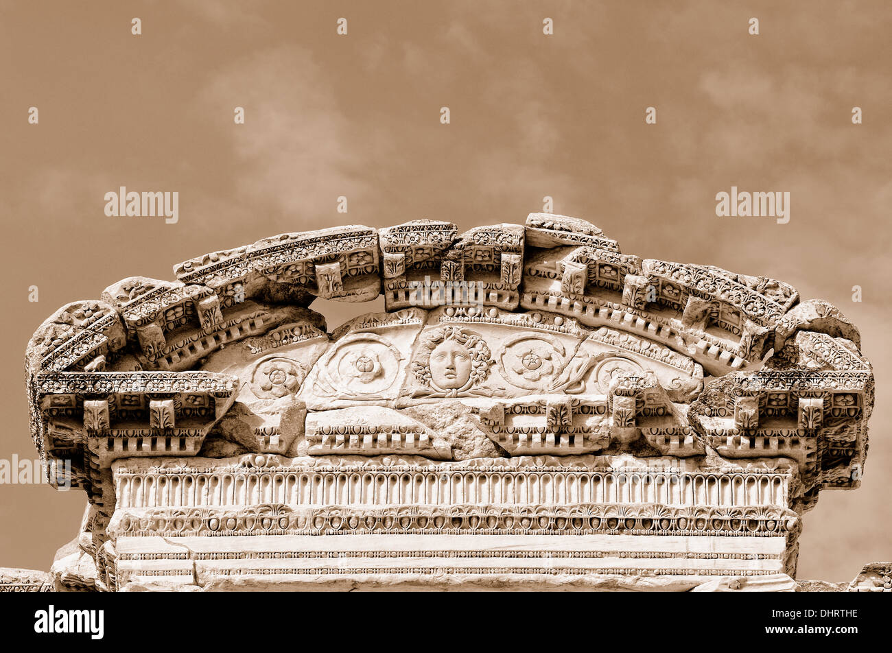 Relief Celsus Library Ephesus Turkey sepia Stock Photo