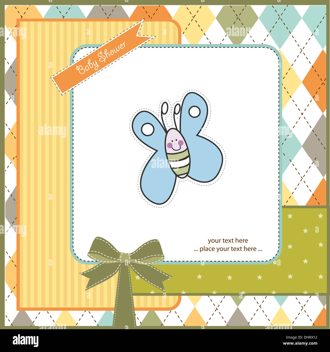 cute baby shower card with butterfly, vector illustration Stock Photo