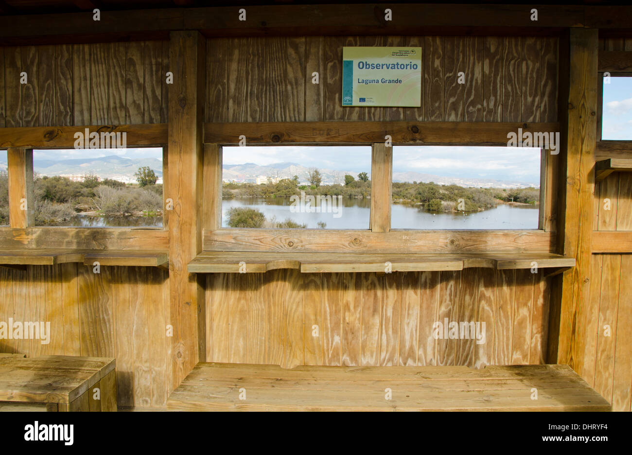 Interior of wooden bird hide or blind for birdwatchers or birdwatching, Natural park, Guadalhorce, Malaga, Spain. Stock Photo