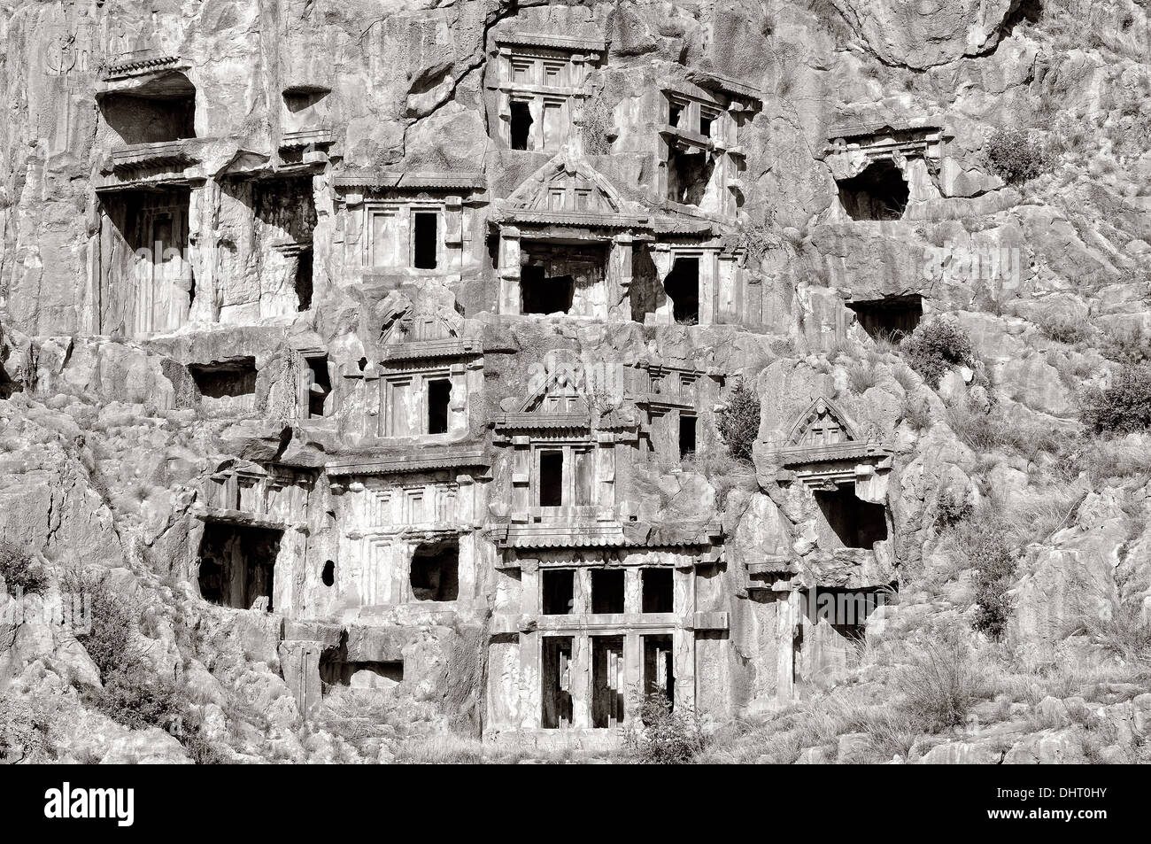 Rock tombs in Myra Turkey black and white Stock Photo