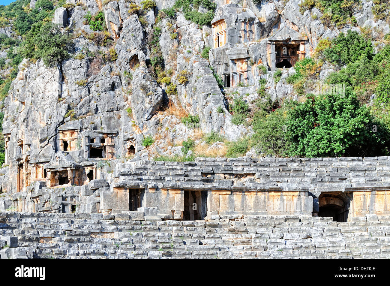 Myra theater with the rock tombs Turkey Stock Photo