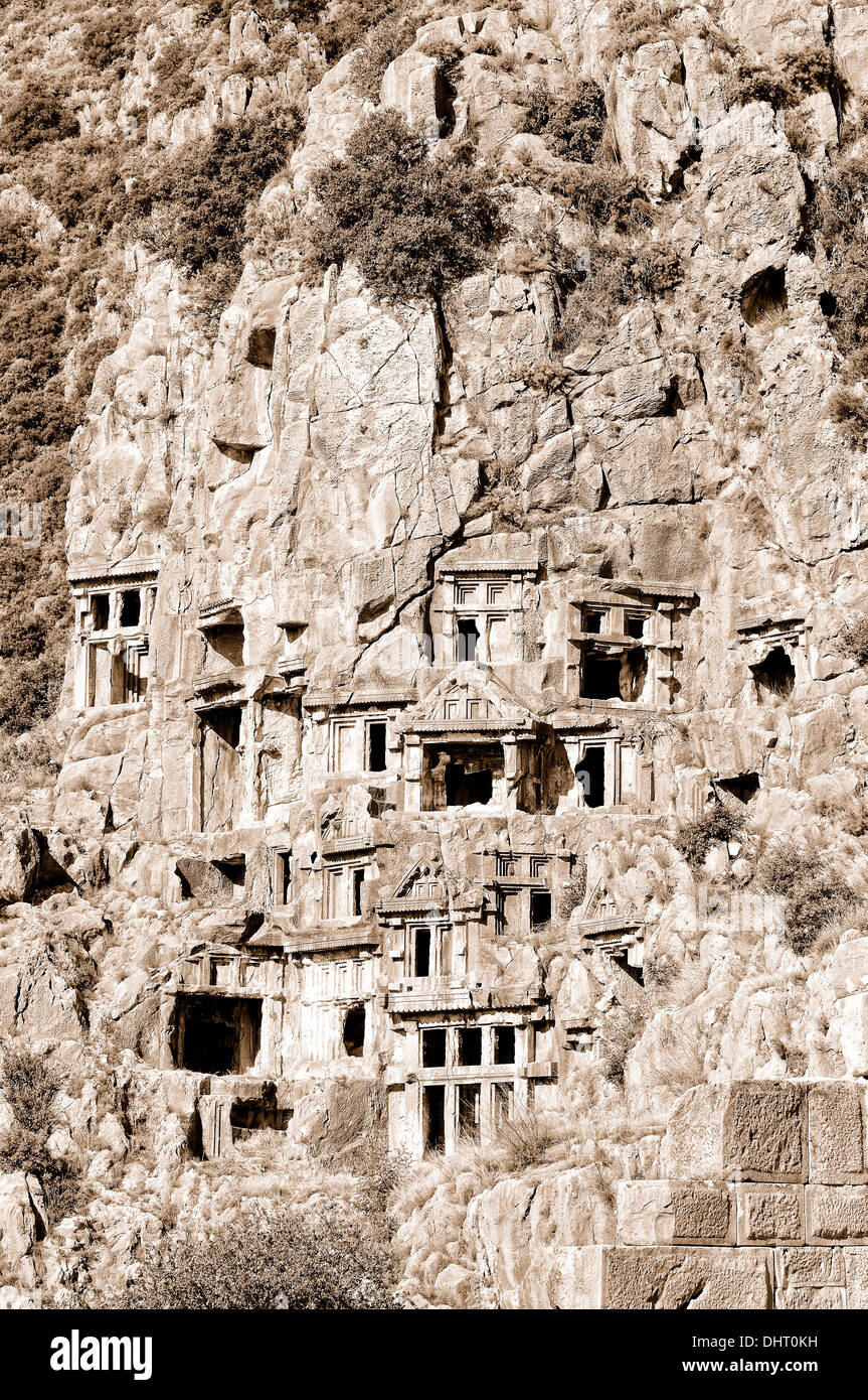 Myra Rock Tombs with bricks sepia Turkey Stock Photo