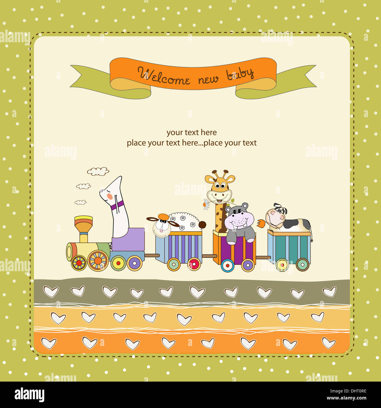 new baby announcement card with animal's train Stock Photo