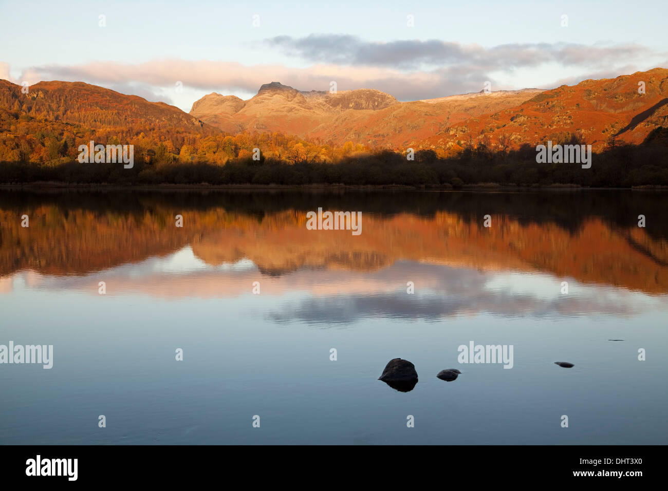 Langdale Pikes reflected in Elter Water, Cumbria, UK Stock Photo