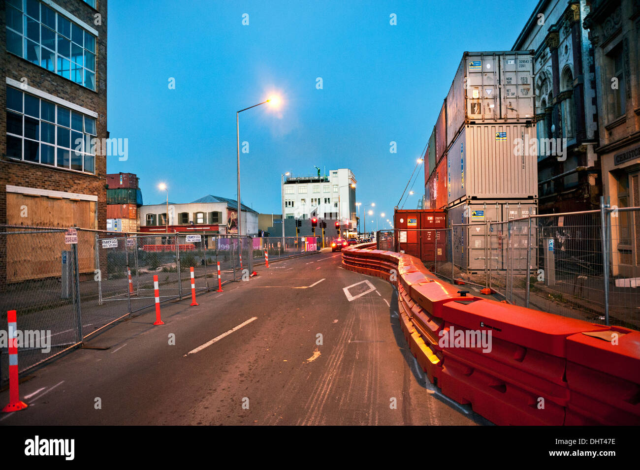 Christchurch, New Zealand. Works in the post-earthquake city centre, 2013. Shipping containers support buildings. Stock Photo