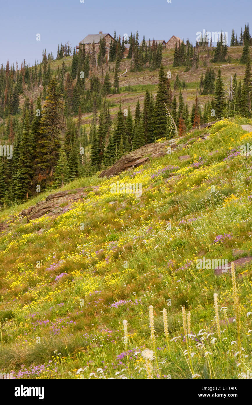 Granite Park Chalet from The Garden Wall Trail in Glacier National Park, Montana. Stock Photo