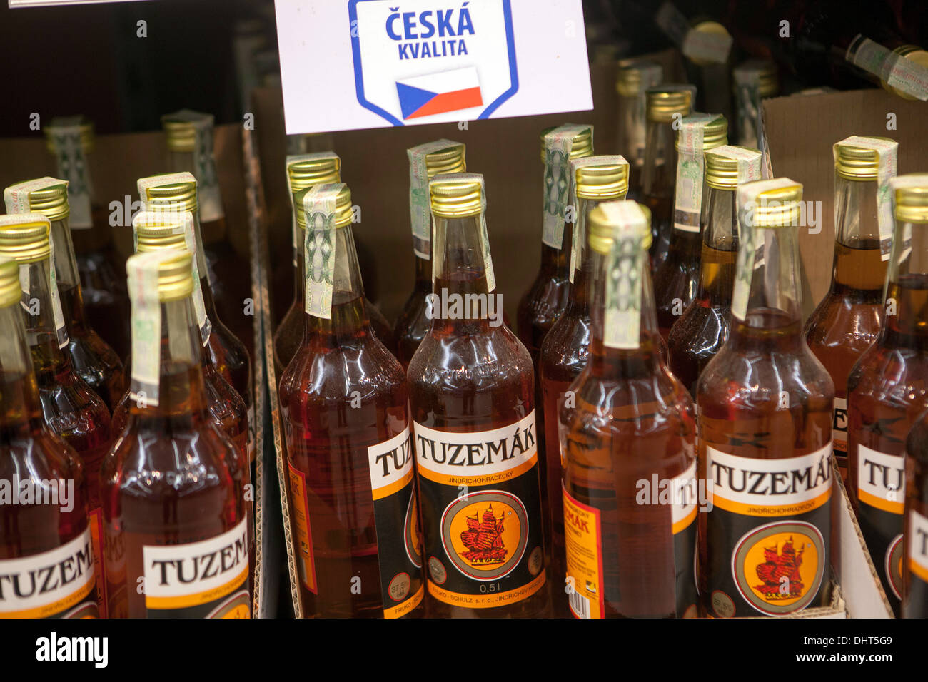 Tuzemak is Czech-distilled alcoholic liqueur supermarket shelf Stock Photo
