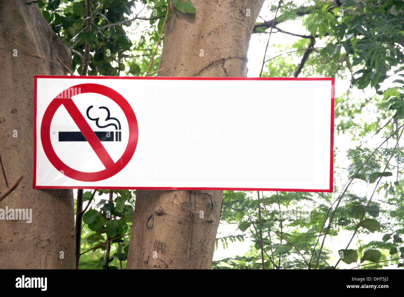 The Post Stop Labels smoking on tree background. Stock Photo