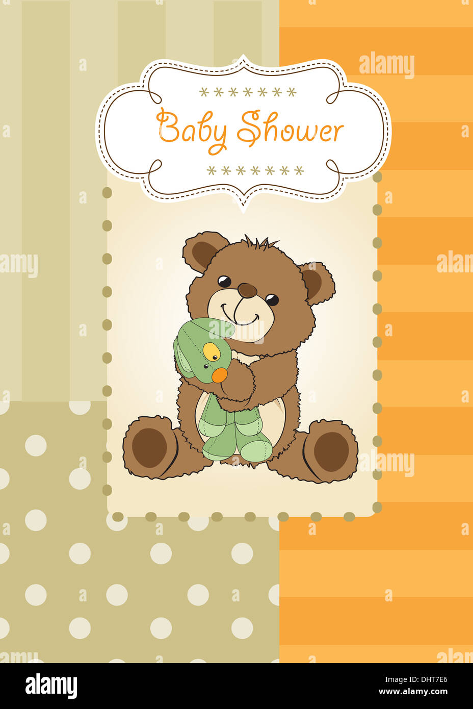 baby shower card with teddy bear and his toy, vector illustration Stock ...
