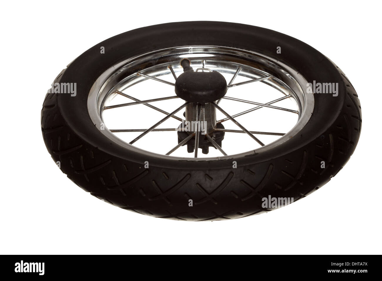 Old rubber wheel of baby pram carriage isolated on white background