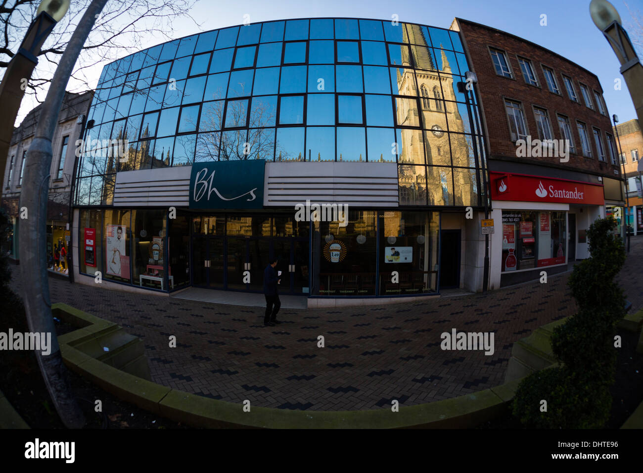 Wakefield Cathedral, formally the Cathedral Church of All Saints, reflected in a modern building Stock Photo