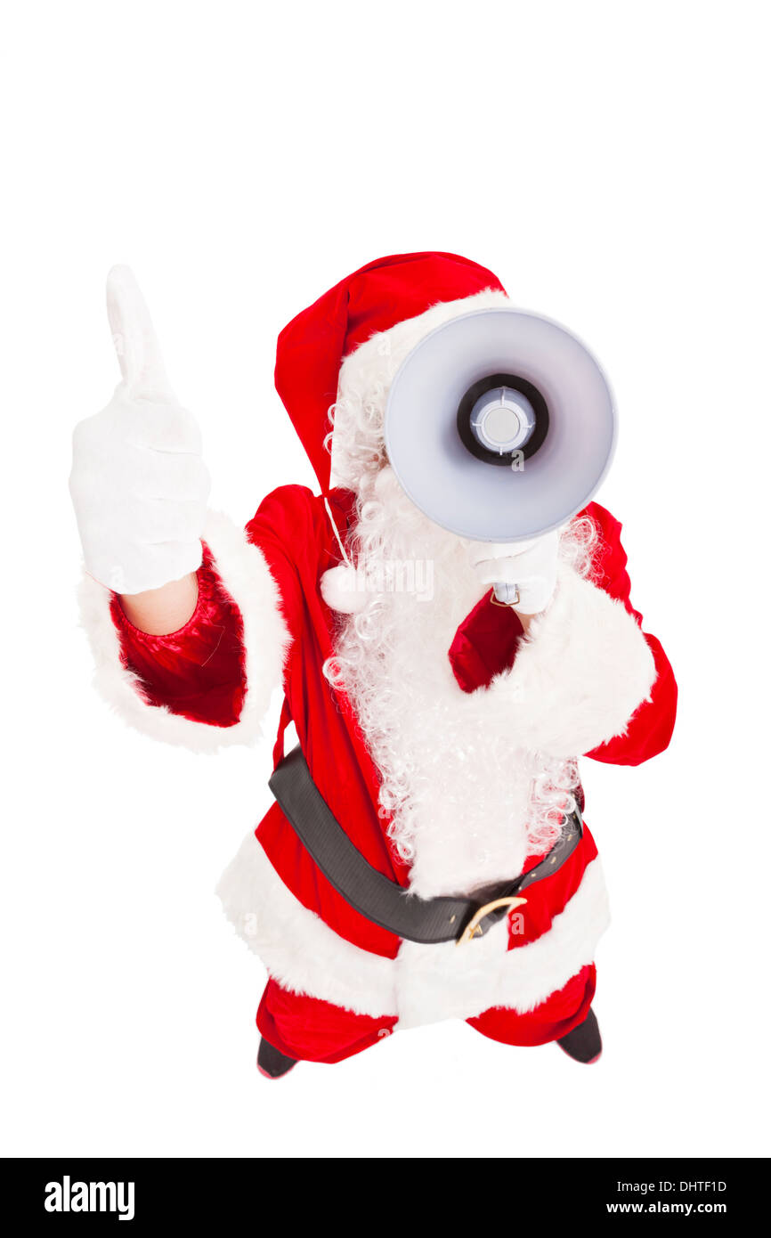 Santa Claus holding megaphone with thumb up Stock Photo