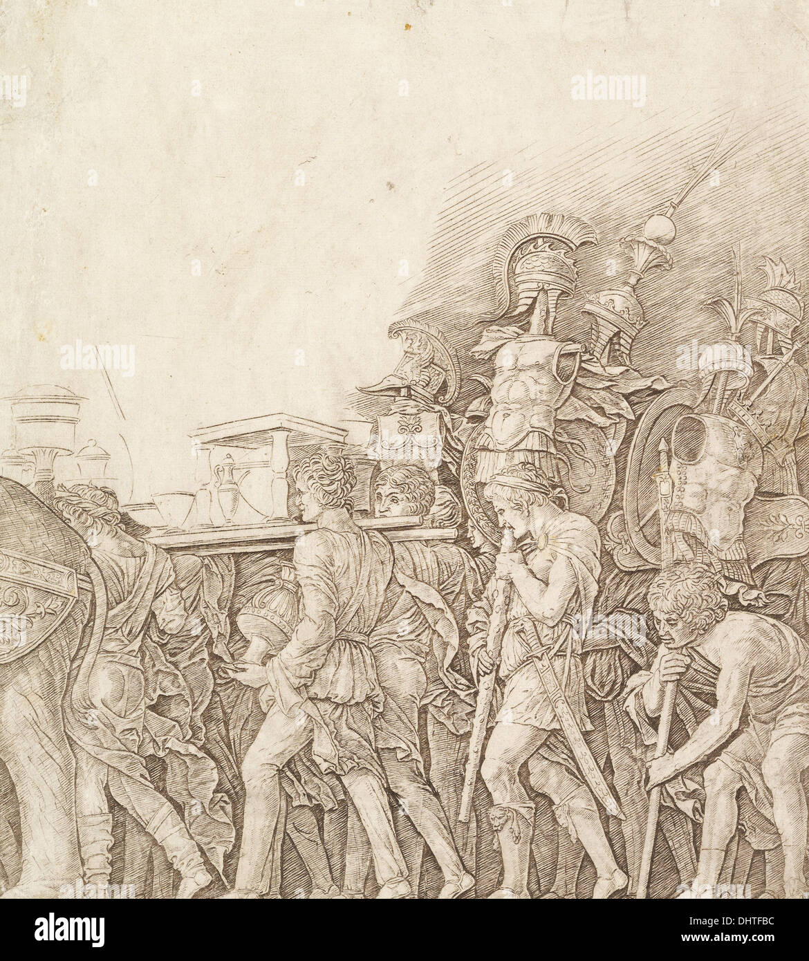 Triumph of Caesar: Soldiers carrying Trophies - Engraving by School of Andrea Mantegna 1490 Stock Photo
