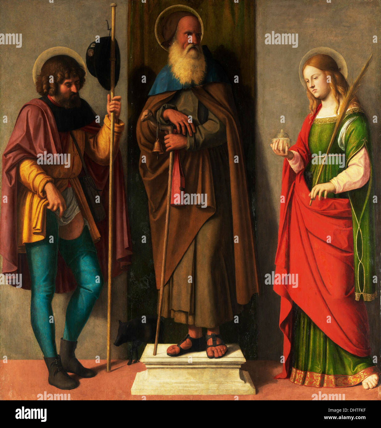 Three Saints: Roch, Anthony Abbot, and Lucy - by Cima da Conegliano, 1513 Stock Photo