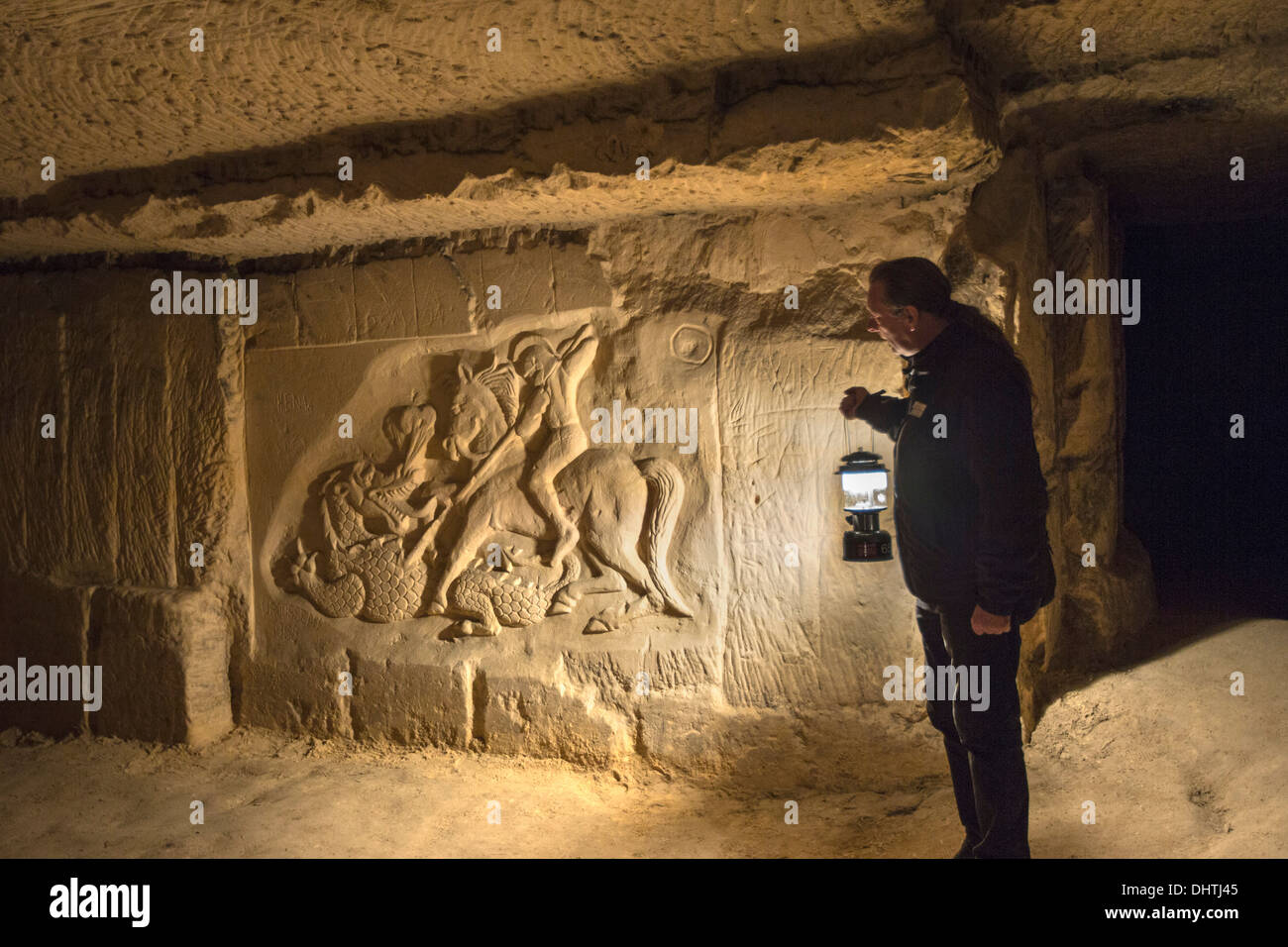 Netherlands, Maastricht, Charcoal drawing in caves of Sint Pietersberg. Guided tour Stock Photo