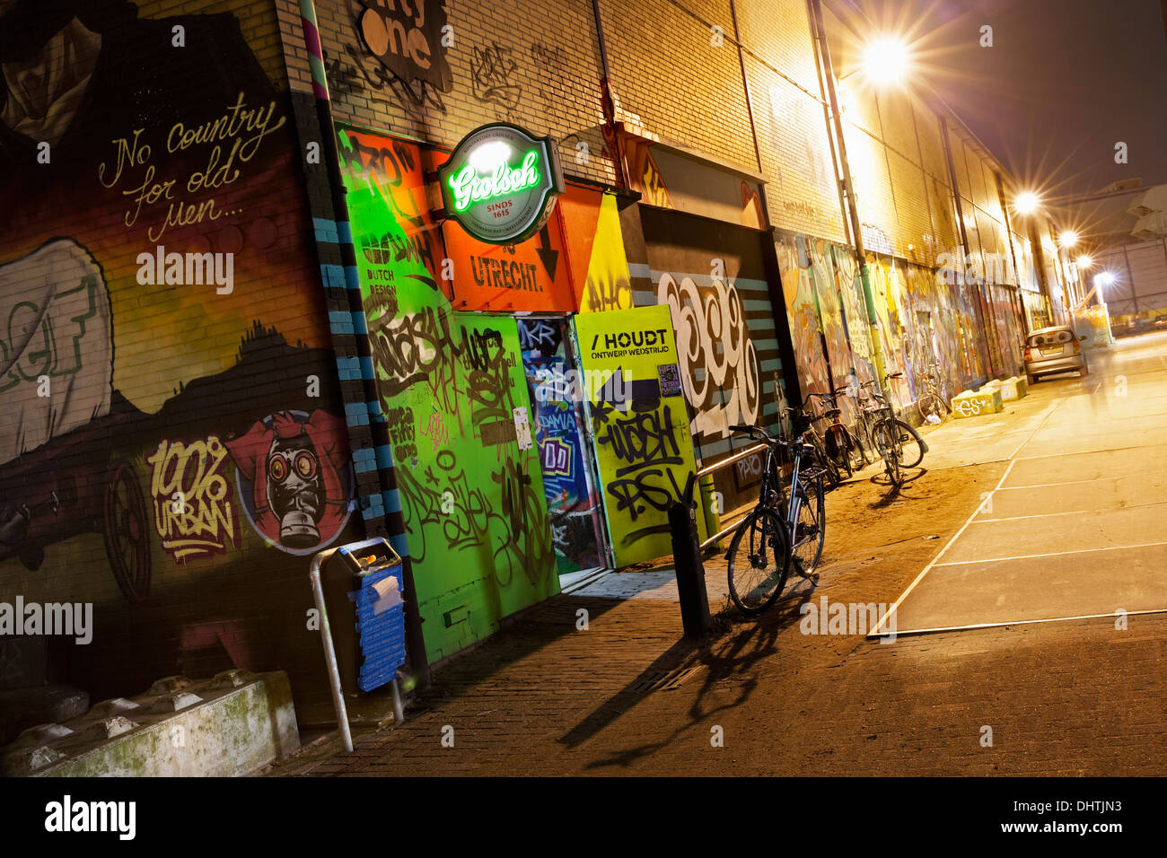 Netherlands, Eindhoven, District called Strijp-S. Entrance of Area Fifty One skatepark. Night Stock Photo