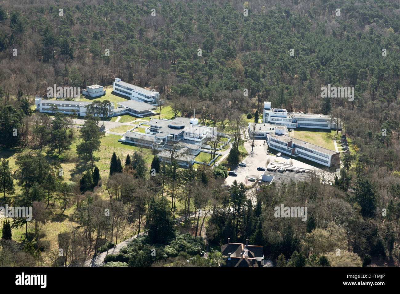 Netherlands, Hilversum, Estate Zonnestraal, a former sanatorium. On the tentative list of UNESCO list of World Heritage Sites. Aerial. Stock Photo