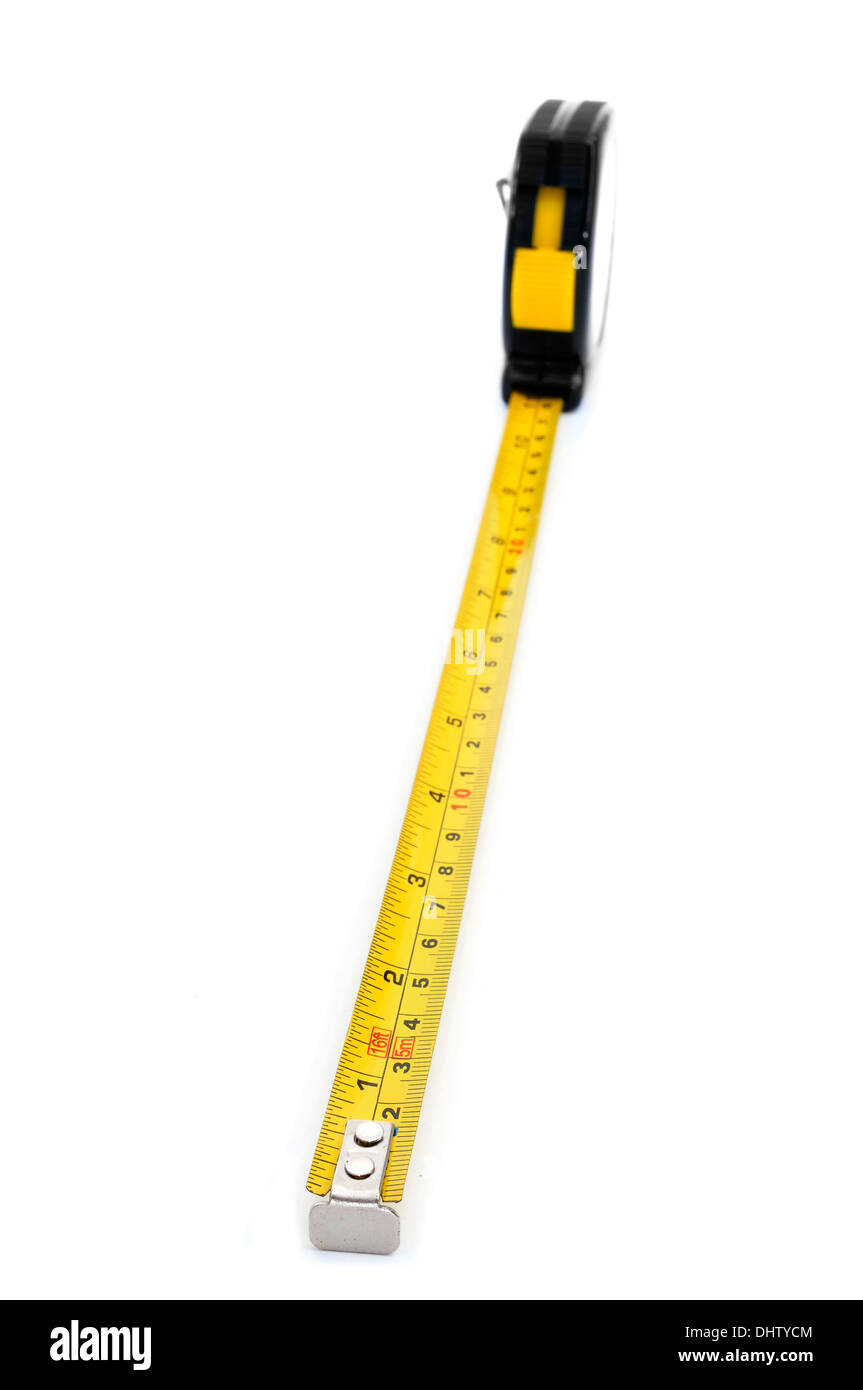 inches and centimeters roll-up tape measure on a white background Stock Photo
