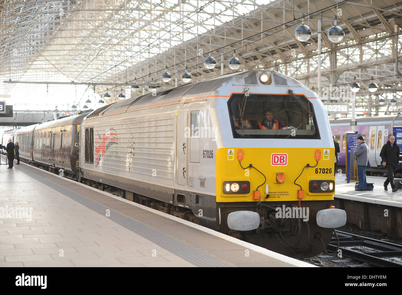 DB Schenker Class 67 No. 67026 arrives at Manchester Piccadilly Train Station with   HRH Queen Elizabeth II on board. Stock Photo