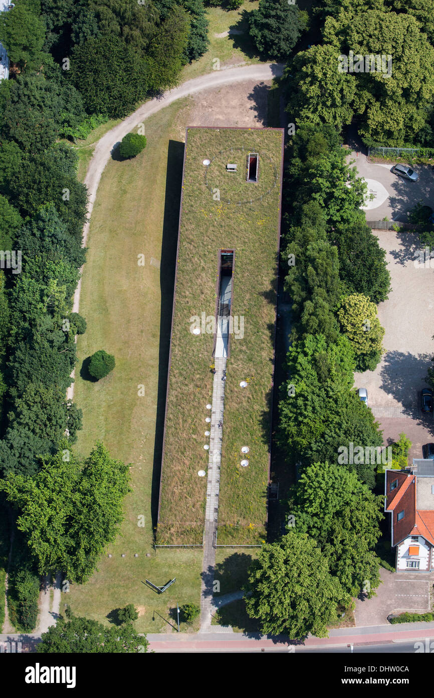 Netherlands, Hilversum, Area for cross media called Mediapark. Roof garden on studio. Aerial Stock Photo