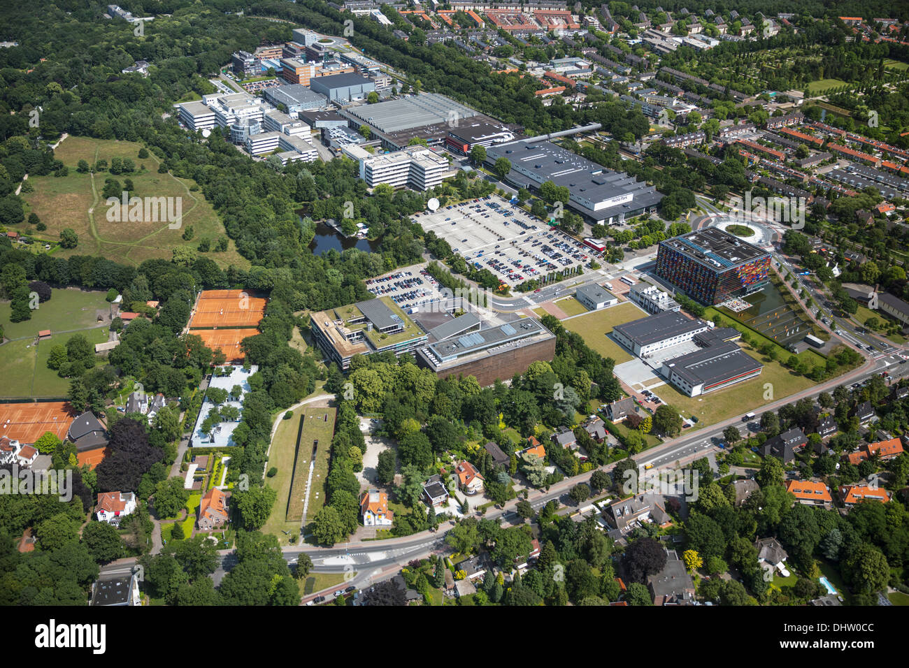 Netherlands, Hilversum, Area for cross media called Mediapark. Aerial Stock Photo