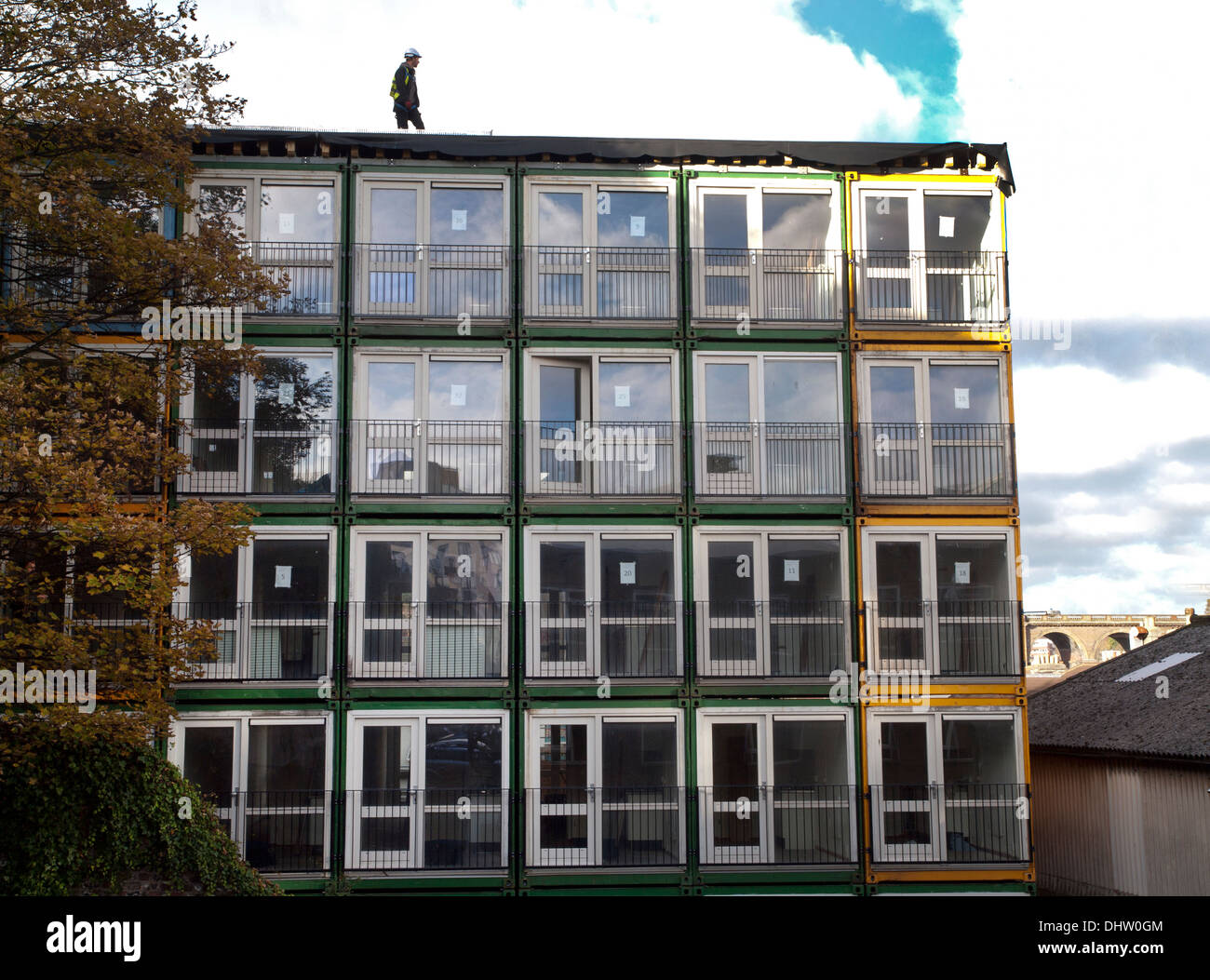 Shipping containers that have been converted to residential use for the homeless of Brighton