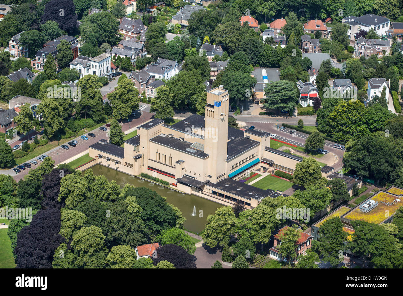 Netherlands, Hilversum, Town Hall, designed by Dudok. Aerial Stock Photo