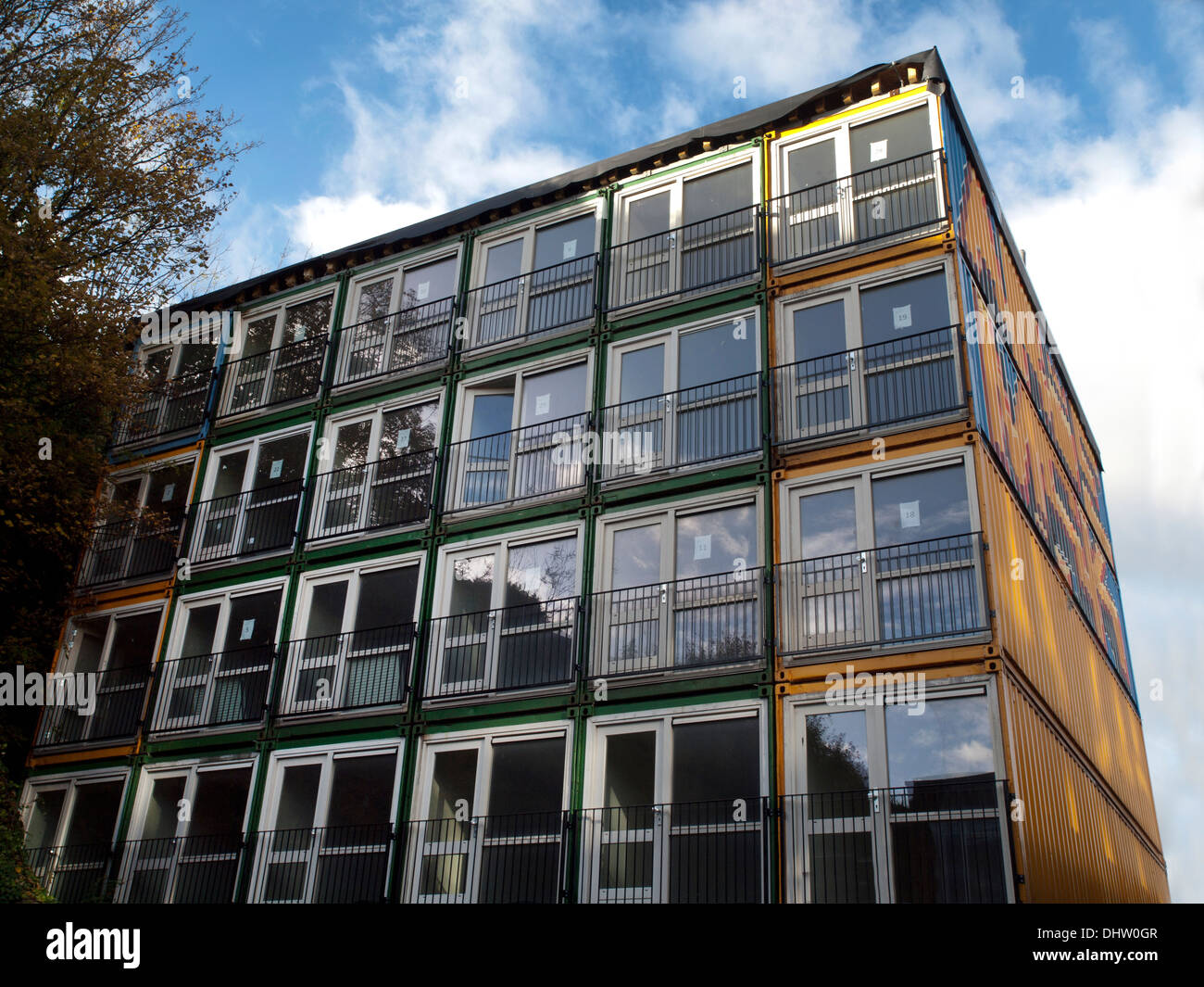 Shipping containers that have been converted to residential use for the homeless of Brighton Stock Photo